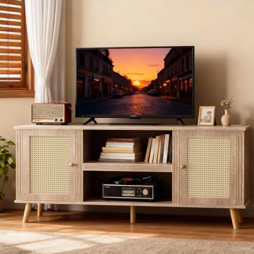 LUCKLIFE Rattan TV Stand for 65 Inch Television with Charging Station 59 Mid Century Modern Entertainment Center Boho Media Console with Storage Cabinet Open Shelves for Living Room Natural