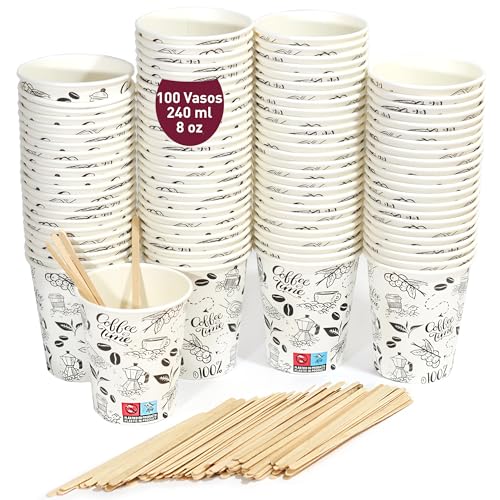 100 Vasos Desechables Café de Papel Cartón Blancos, 240 ml / 8oz - Vasos Resistentes y Elegantes para Bebidas Calientes o Frías, Perfectos para Oficina y Hogar. Incluyen Paletinas de Madera