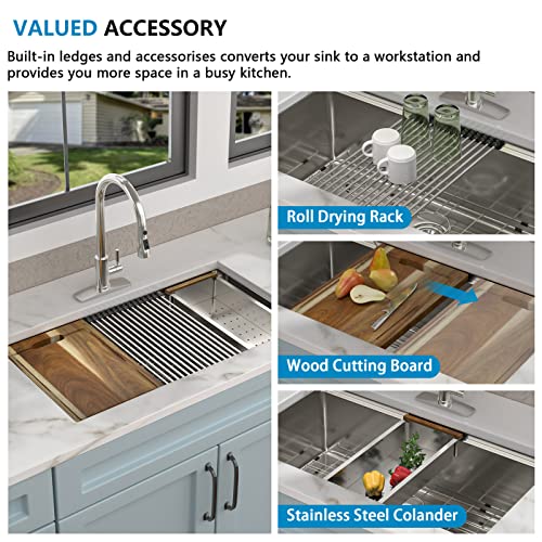 Image of 30 inchx19 inch Undermount Kitchen Sink Workstation Single Bowl | 16 Gauge T304 Stainless Steel, Brushed Nickel Finish, with Integrated Ledge, Round Corners, Under Counter