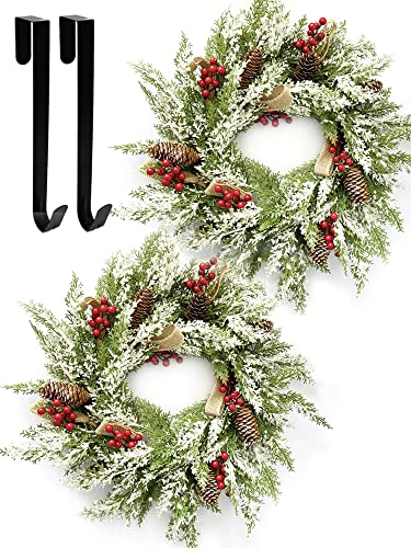 2 Pack Christmas Wreath 23”, Winter Wreaths for Front Door with Pinecones, Red Berries, Burlap Ribbon & Snowflake, Artificial Outdoor Holiday Door Decorations with 2 Wreath Hangers