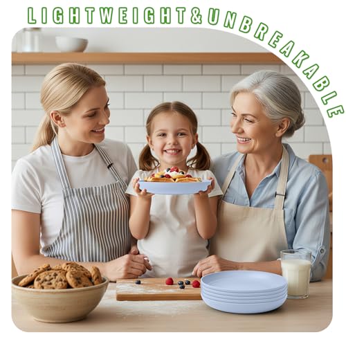 Image of 8 Inch Kids Plates, Wheat Straw Outdoor Plates Set of 6, LightBlue | Reusable Microwave and Dishwasher Safe Small Plates for Kids, Breakfast, Dessert