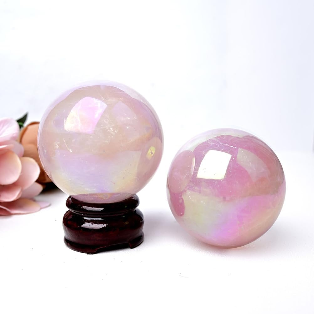 Titanium Coated Crystal Ball, Rose Quartz Crystal Sphere,Round Sphere Collection for Home Office Display Decorations,60~70mm