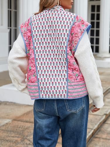 Tankaneo Womens Floral Quilted Puffer Vest Oversized Open Front Cap Sleeve Jacket Sleeveless Patchwork Outerwear3
