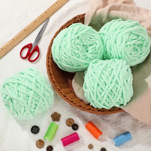 Image of Buryeah Chunky Chenille Yarn for Crocheting Soft Thick Fluffy Yarn for Hand Knitting Bulky Velvet Blanket Plush for Weaving DIY Crafts Each 3.5 oz 55 Yards(Light Aqua,4 Pack)