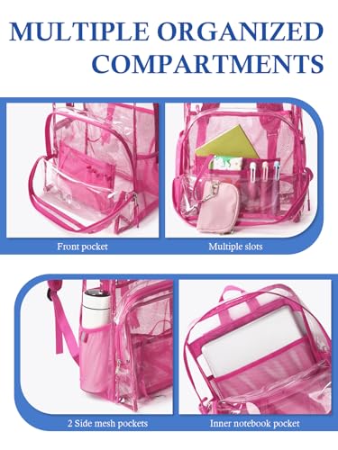Image of Clear Backpack for School, 17 inch Large Heavy Duty-TPU See Through Bookbag for Boys Girls and Adult, Transparent Backpack With Multi-Pockets for College Work Gym Sport, Rose Red