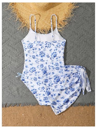 SHENHE Girl's Floral One Piece Swimsuit with Sarong Coverups Ruched Tummy Control Bathing Suit2