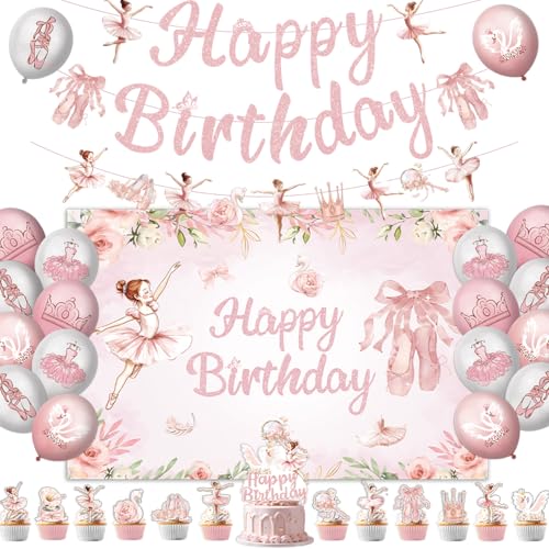 Ballerina Birthday Party Decorations Include Banner-Backdrop-Balloons-Cake Topper-Cupcake Toppers for Ballet Birthday Party Decorations