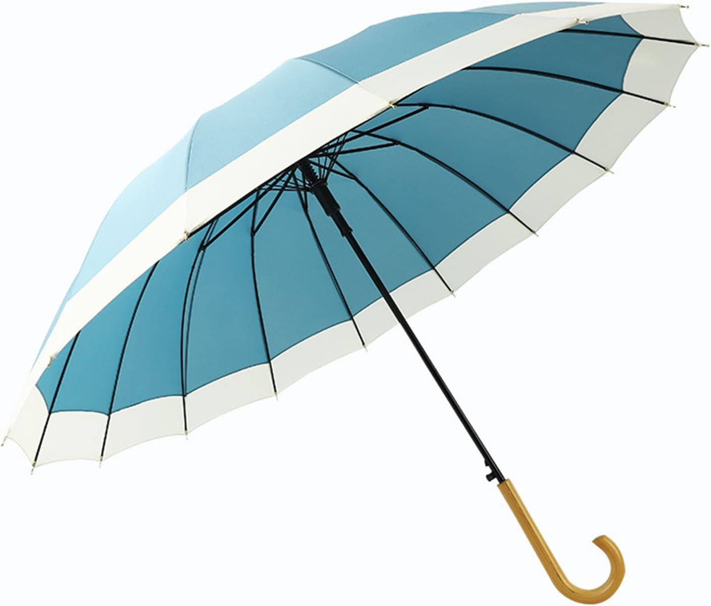 ThreeH Big Beatiful Umbrella with Arc Classic Wood Handle 16 Ribs 48" Windproof Sturdy Stick Rain Umbrella