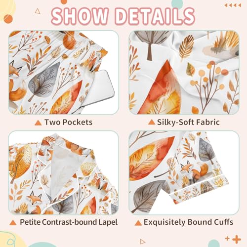 senya Fox and Tree Leaf Satin Summer Pajama Sets Silk Short Sleeve Button Down Sleepwear3