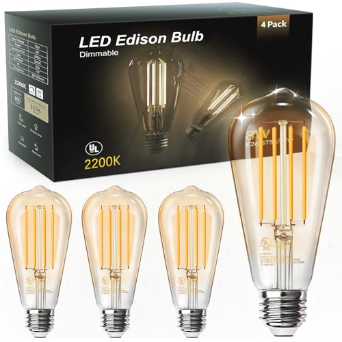 Image of TJOY 4 Pack Vintage LED Edison Amber Light Bulbs, 60W Equivalent, Dimmable, 8W, 800 Lumens, 2200K Soft White, ST58, E26 Base LED Filament Bulbs, CRI80+, Antique Glass Style for Home, Bedroom