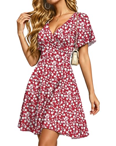 PLMOKEN Robes dete pour Femmes Robes de Plage Sexy à Manches volantées Encolure en V et Taille Empire avec Poches Fleur Rouge L
