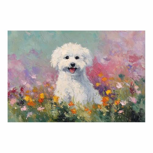 Mural en toile animaux chiot fleurs 40x60cm