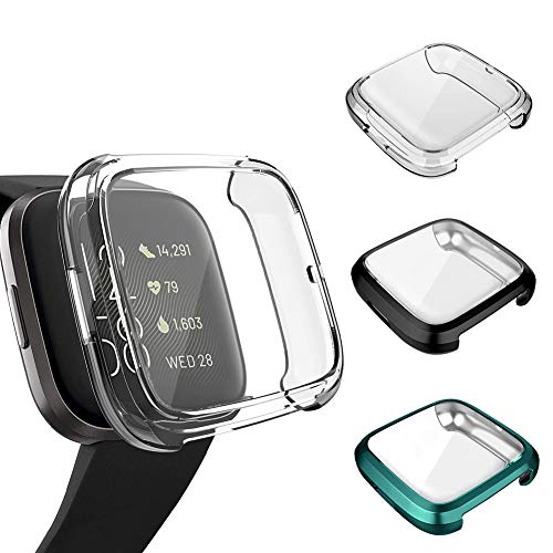 3 Pack Screen Protector Compatible Fitbit Versa 2 Case, GHIJKL Ultra-Thin Slim Soft TPU Protective Case All-Around Full Cover Bumper Shell for Fitbit Versa 2 Smartwatch, Clear, Black, Green