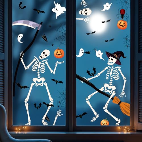 Halloween Window Stickers,Etopgo Large 9 Sheets Reusable Skeleton Ghost Sticker for Halloween Decoration Window,Door,Glass