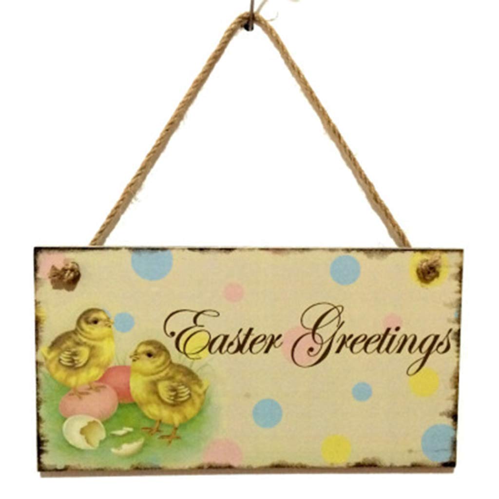 NEWFT Happy Easter Wooden Door Hanging Eggs Chick Ornament Sign Board Crafts Wall Decoration