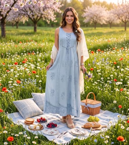 Image of Sakkas Stella Long Tank Top Adjustable Caftan Corset Dress with Embroidery