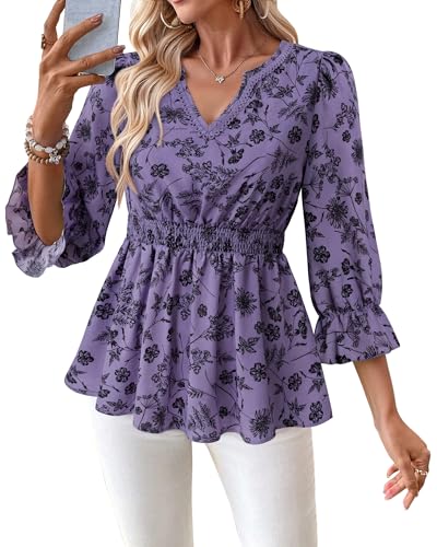 Unixseque 3/4 Length Sleeve Womens Tops Dressy Casual Lace V-Neck Peplum Babydoll Blouses 2025 Fashion Clothing4