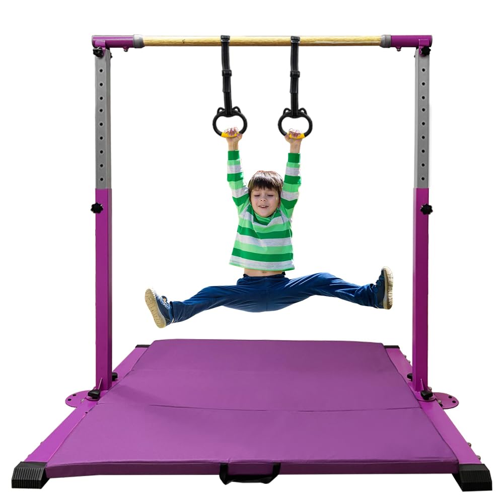 JC-ATHLETICS Gymnastics Bar for Kids Girls Ages 3-15 with Ring for Home Indoor Training Equipment- Steady Steel Construction, Anti-Slip, Easy to Assemble, 3' to 5' Adjustable Height