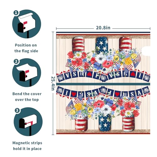 Image of America Patriotic Magnetic Mailbox Cover - 4th of July Summer Floral Large Size 25.5x21in Rural Flag - Made in USA Post Letter Box Cover for Yard Garden Entrance