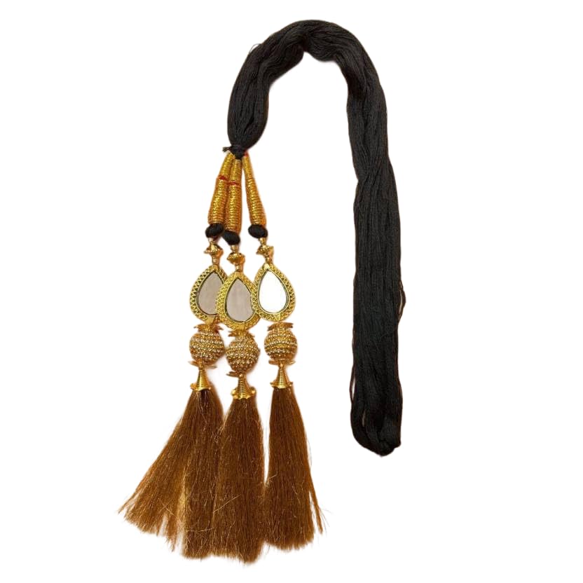 Upavista Punjabi Golden Coloured Fabric Parandi Tassles Hair Extensions with Mirror and Beads for Women and Girls