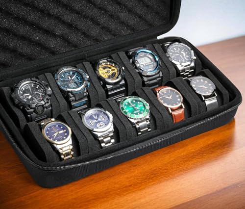 Image of Travel Watch Case Organizer Watch Box With Zipper Heavy Duty Portable Travel Friendly Case Fits all Wristwatches & Smart Watches Up To 60MM Compatible for Apple Watch (Black,10 Slots)
