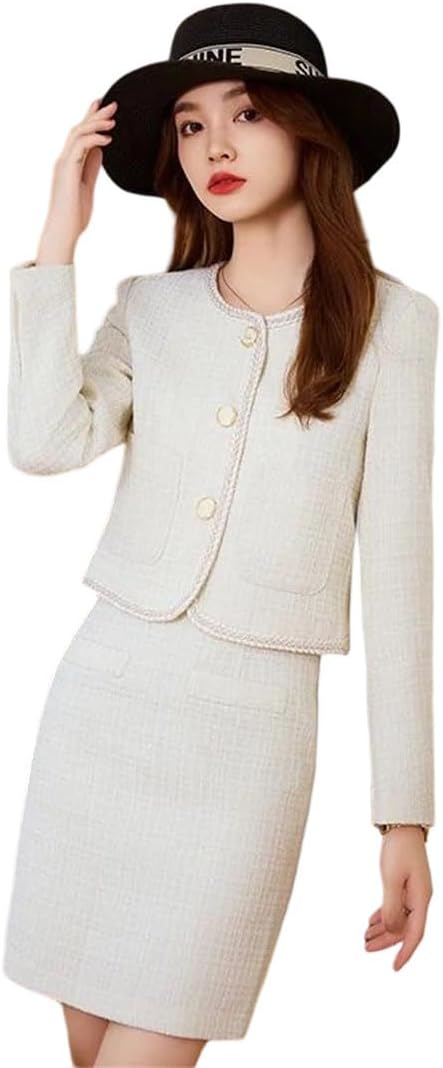 Women Tweed Two Piece Set Beaded Jacket High Waist Skirt Office Outfit