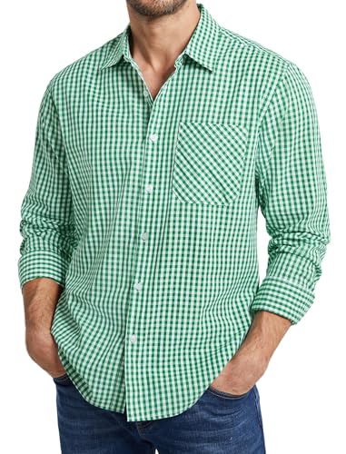 Enlision Checked Mens Shirt Long Sleeve Smart Casual Green and White Plaid Check Shirts for Men with Pocket Button Up Classic Gingham Tartan Top for Work Office Party XXL
