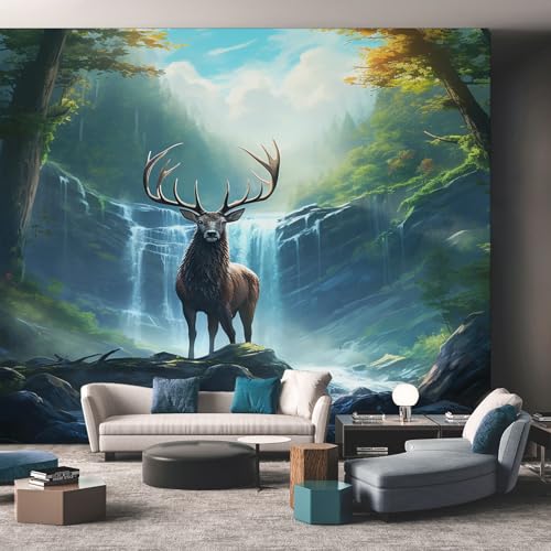Générique Papier Peint Intissé Montagne Cascade Chute d'eau Forêt Cerf - Papier Peint Panoramique pour Salon, Chambre, Grandes Poster Décor pour Fond TV,...