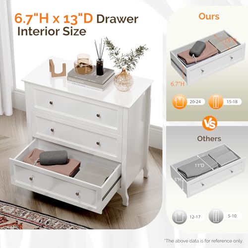 Image of VINGLI White Dresser 3 Drawer Chest of Drawers for Bedroom, Painted Wood Dresser with Large Drawers and Curved Legs, 31.5 inch W Large Nightstand, 31.5 inch W*15.75 inch D*31.5 inch H