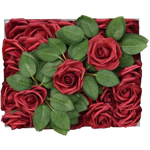Petalscentusia Artificial Roses 25 pcs Fake Roses with Stems and 20 Leaves Foam Latex for Wedding Bouquets Valentines Day Home Décor and Party Decorations (Wine Red Roses)
