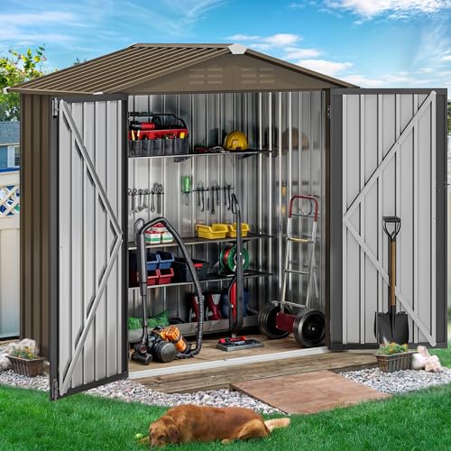 Image of DWVO 6x4ft Outdoor Storage Shed, Lockable Metal Tool Storage Sheds, Waterproof Garden Sheds with Vents for Backyard, Patio, Garage, Lawn, Brown