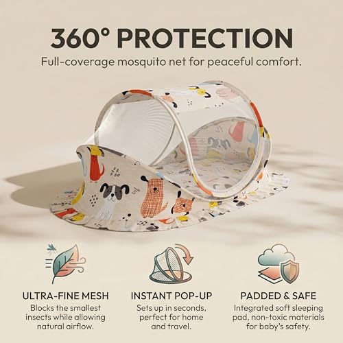 Image of StarAndDaisy Baby Mosquito net with Mattress for Baby, Portable Baby Lounger for Kids, Breathable mesh Mosquito Net. (Dog Print)