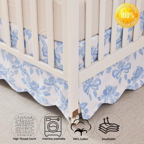 Image of Brandream Scallop Edge Organic Cotton Crib Skirt Girls Toddler Bedskirt Baby Nursery Crib Bed Skirt French Vintage Cottagecore Rose Flowers Bows Neutral Light Blue Farmhouse Chic Boho Bohemian Skirt