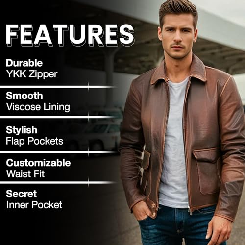 Brown Leather Jacket Men - Vintage Collar Distressed Style Mens Leather Motorcycle Jacket2