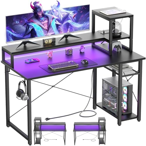 Gaming Desk with Lights & Power Outlets, 47.2” Computer Desk with Storage Shelves, Small Desk for Small Space, Desk with Monitor Stand, Black
