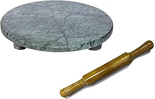 Ayda Granite Stone Board & Wooden Rolling Pin, Chakla Belan Marble Green/Black 25cm