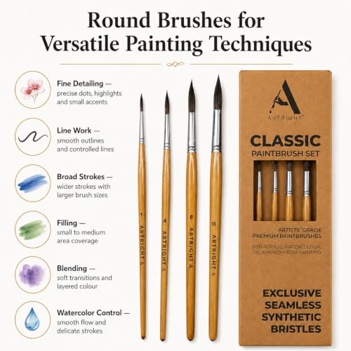 Image of Round Artist Paintbrush Set of 4Pcs, Natural Brown Handle Brushes for Fine Detailing, Line Work, Broad Strokes, Ideal for Acrylic, Watercolor Painting, Best for Beginner & Professional