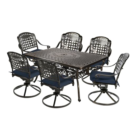 Image of MEETWARM 7-Piece Outdoor Patio Dining Set, All-Weather Cast Aluminum Patio Conversation Set with 6 Cushioned Swivel Rocker Chairs for Backyard Garden Deck, 1 Rectangular Table, Navy Blue