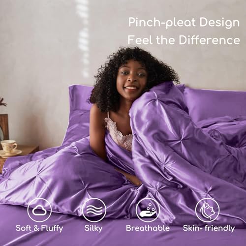 MR&HM Satin Comforter Twin XL 5 Pieces - Luxurious Pinch Pleat Bedding Set with Comforter, Flat Sheet, Fitted Sheet, Pillowcase & Sham, Super Silky Soft Bed Set for All Season (Twin XL, Lavender)