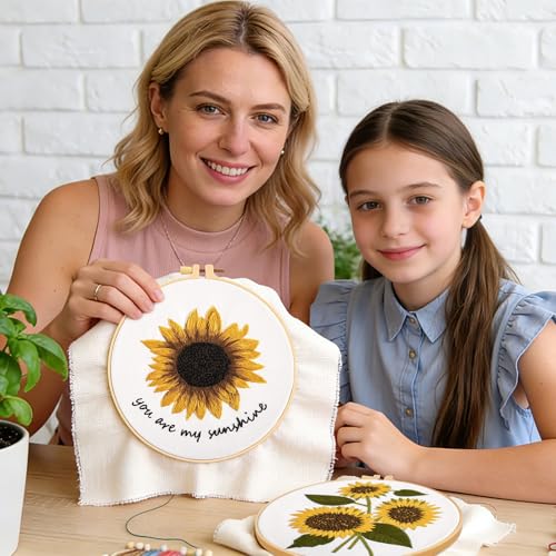 Image of Sunflower Embroidery Kits for Beginners Adults, Floral Hand Embroidery Set Needlepoint Kits, Stamped Cross Stitch Kits for Beginners Adults, 2 Embroidery Hoops, Fabric, Thread(Attached Video Tutorial)