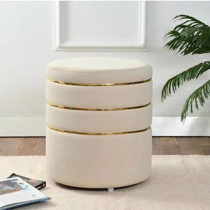 Image of White Velvet Ottoman Stool with Gold Accent Rings, Round Foot Rest Stool, Vanity Chair, Small Accent Seat for Living Room, Bedroom & Makeup Room