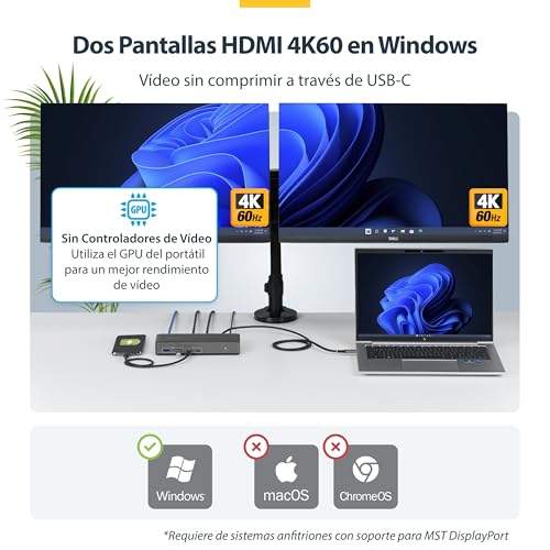 Dock USB-C HDMI Doble 4K 60Hz Windows con concentrador de puertos USB-C y USB-A 3
