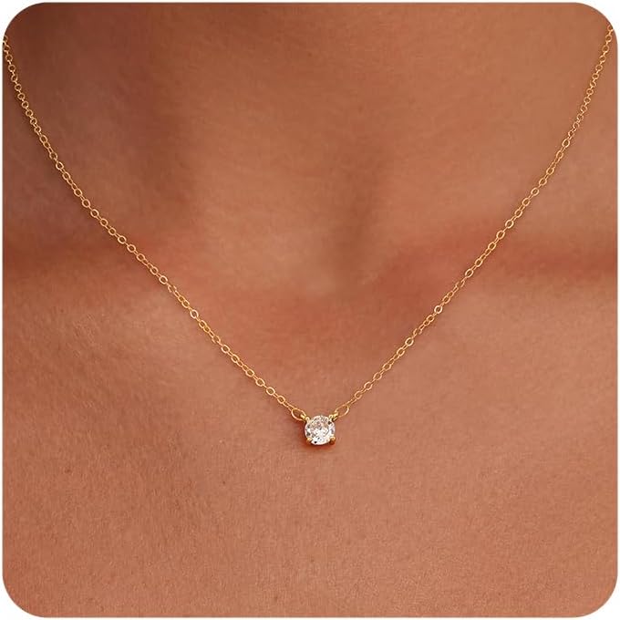 Tewiky Dainty 14k Gold Plated/Silver Cubic Zirconia Necklaces for Women, Simple CZ Jewelry Necklaces Trendy Gifts
