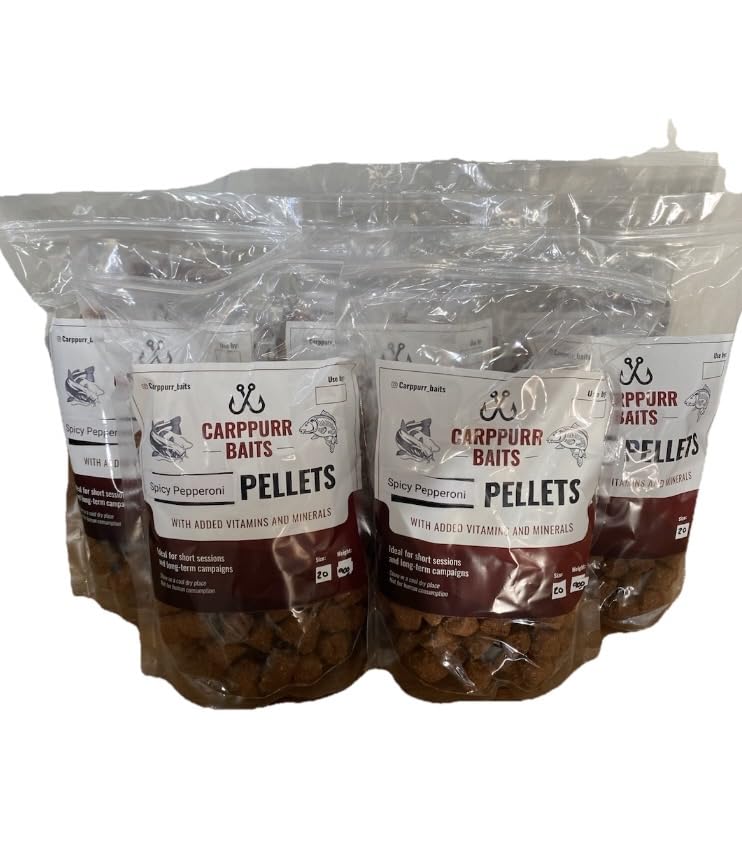 Carppurr baits Spicy Pepperoni Pellets 20mm 900G-1.8KG-3.6KG-7.2KG – High-Attract Carp Fishing Bait – Protein-Rich, Strong Aroma Pellets for Coarse & Specimen Fishing (20MM 7.2KG)