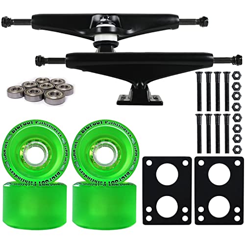 Longboard Skateboard Trucks Combo Set 70mm Bigfoot Pathfinder Wheels with Polished or Black Trucks, Bearings, and Hardware Package (70mm Green Wheels, 6.0 (8.63") Black Trucks)