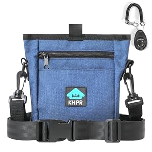 Dog Treat Pouch Magnetic Closure with Training Clicker，Hands-Free Design to Prevent Spills，Built in Poop Bag Dispenser，3 Ways To Wear，Metal Clip Waist Belt and Fanny Pack for Pet Walking（Blue）