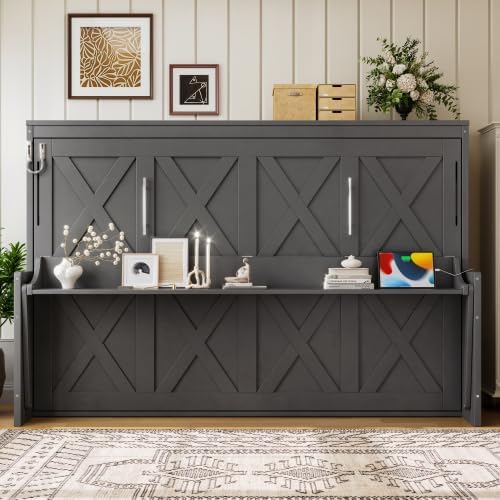 Bellemave Full Size Murphy Bed with Desk & USB Charging Station, Wooden Murphy Cabinet Wall Bed with Storage Pegboard & LED Lights for Guest Room/Home Office/Studio Apartment (Dark Gray/Full)