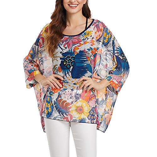 Image of Ckikiou Plus Size Batwing Flowy Semi Sheer Chiffon Blouse Tunic for Women Summer Floral Print Boho Beach Cover ups