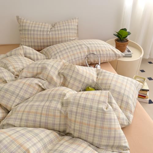 Image of EAVD Grid Plaid Duvet Cover Queen Green Blue Purple Gingham Duvet Cover Set | Soft Muslin Cotton 3-Piece Reversible Gingham Duvet Cover with Zipper Closure Geometric Pattern with 2 Pillowcases All-Season
