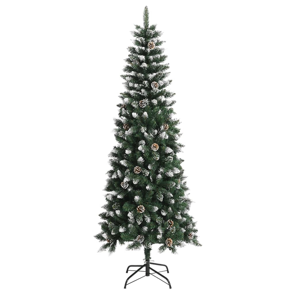 Albero di Natale artificiale da 240 cm, con supporto, in PVC verde, con pigne, design pieghevole per un facile montaggio, punte di abete cespugliate con neve e glitter, incluso